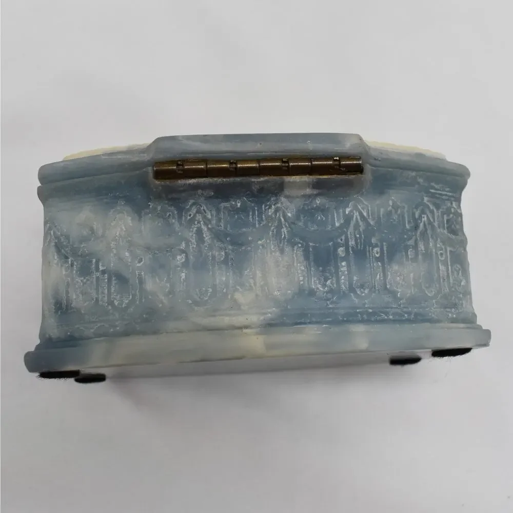 Vintage Genuine Incolay Stone Jewelry Box Blue Cream Marbled Trinket Keepsake